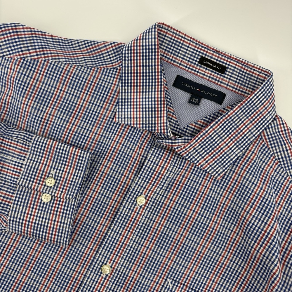 Tommy Hilfiger Men 16 1/2 34-35 Button Up White Red‎ Blue Striped Long Sleeve